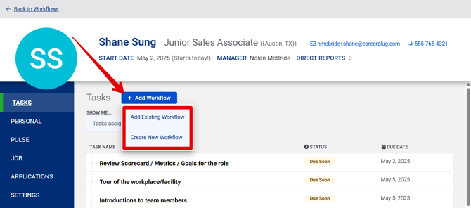 Employee Profile (5.2.25) (Tasks tab) (OB employee) (Add Workflow drop-down) (highlights)