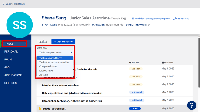 Employee Profile (5.2.25) (Tasks tab) (OB employee) (Show Me drop-down) (highlights)