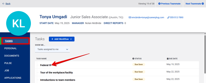 Employee Profile (Tasks tab) (Fed i9 Available) (all highlights)