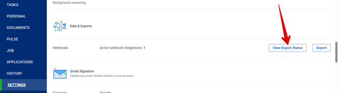 Employee Profile - Settings (11.26.25) (SwyftOps) (Data and Exports) (View Export Status arrow)