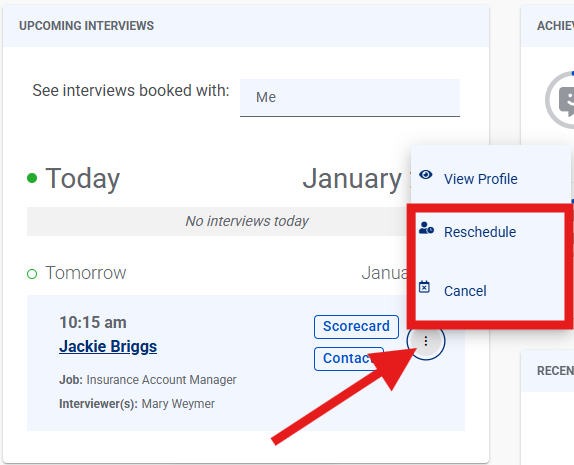 Interviews, with the cancel or reschedule options highlighted