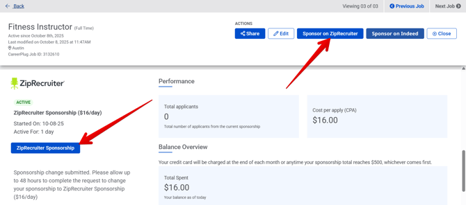 Job Profile page (Sponsored Job) (ZipRecruiter Sponsorship arrows) (18+23)