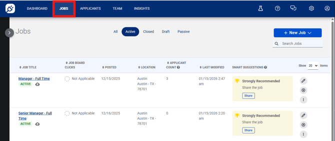 Jobs page showing active jobs