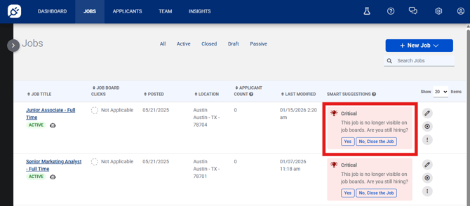 Jobs page when redirected from dashboard tile, to show critical smart suggestion