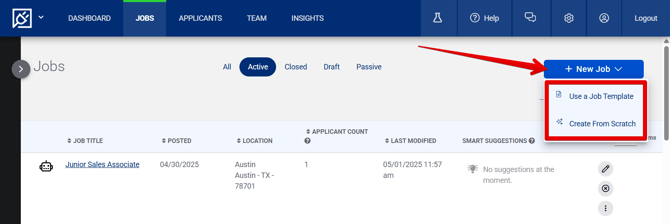 Jobs Page (5.2.25) (New Job drop-down) (highlights)