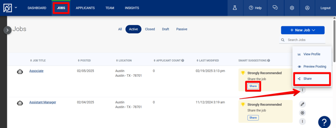 Jobs Page (Three Dots drop-down) (Share+Job page highlights)