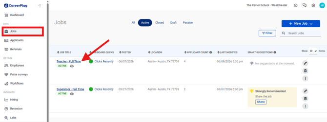 Jobs Page, Active (Nav Bar Expanded) Pointed to job title