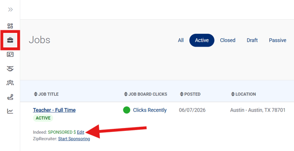 Jobs Page, Active, Active Indeed Sponsorship Visible (Nav Bar Minimized) (Jobs + Edit highlights)