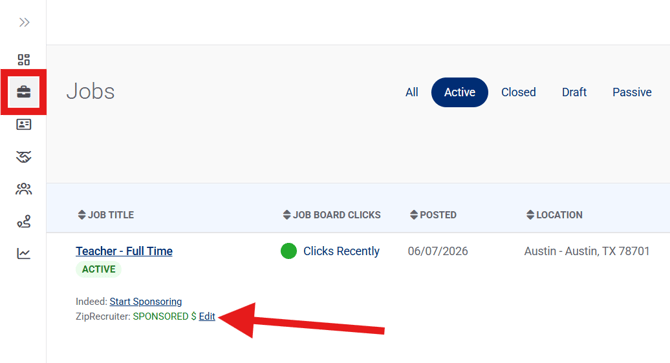 Jobs Page, Active, Active ZipRecruiter Sponsorship Visible (Nav Bar Minimized) (Jobs highlight + Edit arrow)