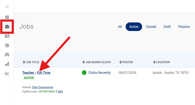 Jobs Page, Active, Active ZipRecruiter Sponsorship Visible (Nav Bar Minimized) (Jobs tab highlight + Job title arrow)