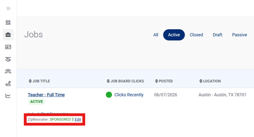 Jobs Page, Active, Active ZipRecruiter Sponsorship Visible (Nav Bar Minimized) (sponsor highlight)