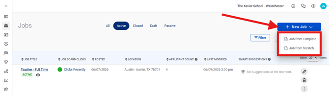Jobs Page, Active, New Job Dropdown (Nav Bar Minimized) (dropdown highlights) (cropped)
