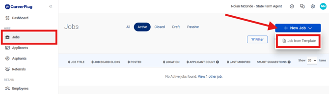 Jobs Page, Active, SF Agent Blank, New Job drop-down (Nav Bar Expanded) (highlights)