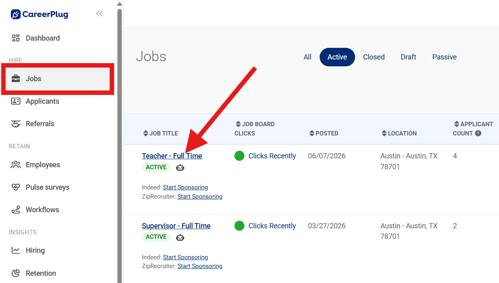 Jobs Page, Active, Sponsorship Available (Nav Bar Expanded) (Job title highlight)