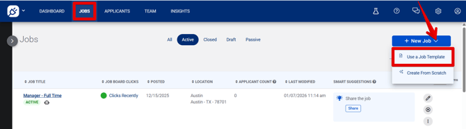 Jobs page (1.7.26) (New Job drop-down) (Use Template highlights)