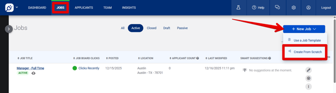 Jobs page (12.16.25) (New Job drop-down) (Create From Scratch highlights) (cropped)