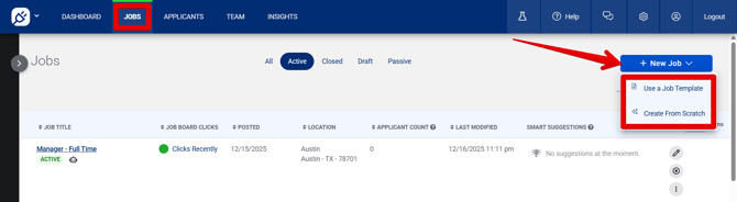 Jobs page (12.16.25) (New Job drop-down) (highlights)