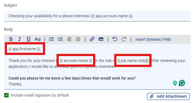 A screenshot showing dynamic custom fields in a message template