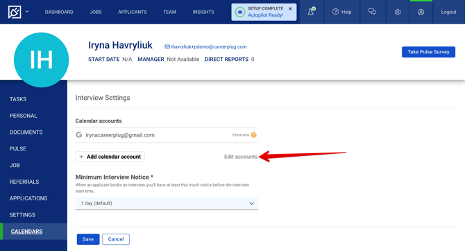 My Profile - Calendars tab (Connection pending) (4.24.25) (test acct) (Edit accts arrow)