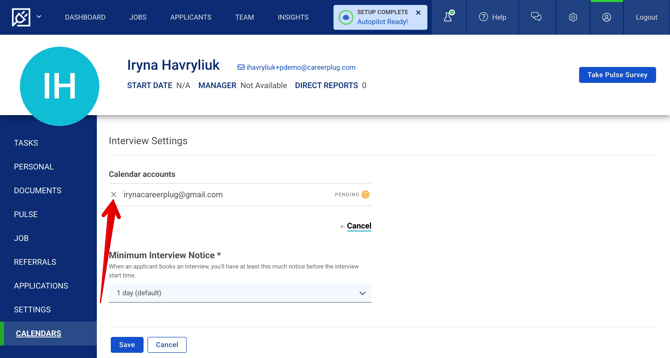 My Profile - Calendars tab (Disconnect calendar) (4.24.25) (test acct) (Disconnect arrow)