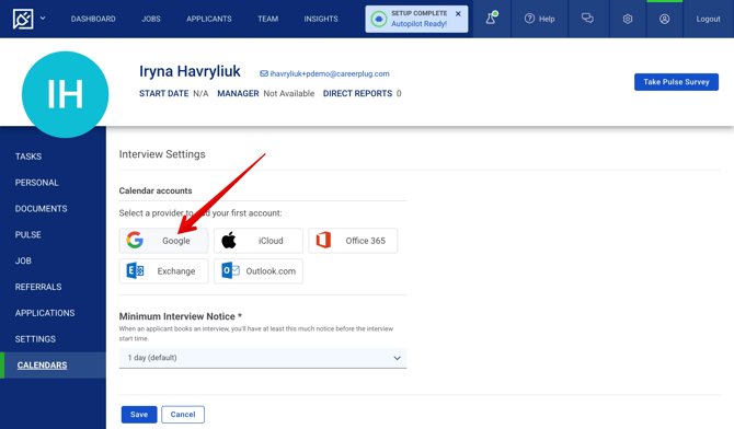 My Profile - Calendars tab (Select provider) (4.24.25) (test acct) (Google button)