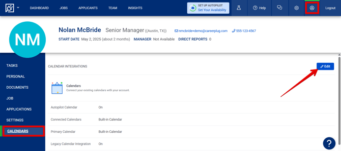 My Profile - Calendars tab (highlights)