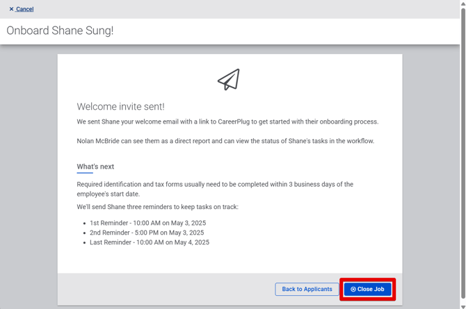 Onboard Page (5.2.25) (Invite Sent) (Close Job highlight)