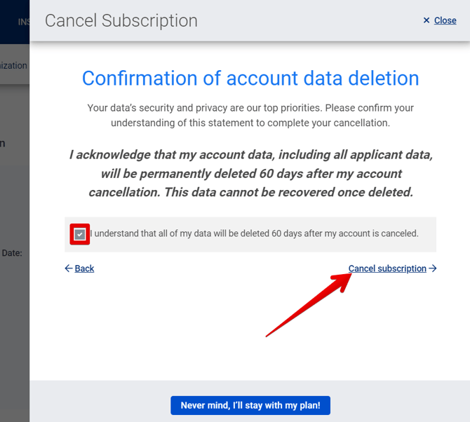 Plan And Billing (Plan Details) (Cancel Subscription pop-up - Data Deletion Confirmation) (highlights)