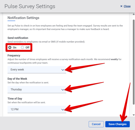 Pulse Survey Settings drawer (1.21.26) (highlights)