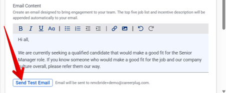 Referral & Incentive Settings drawer (12.11.25) (Test email sent) (Sent Test Email arrow)