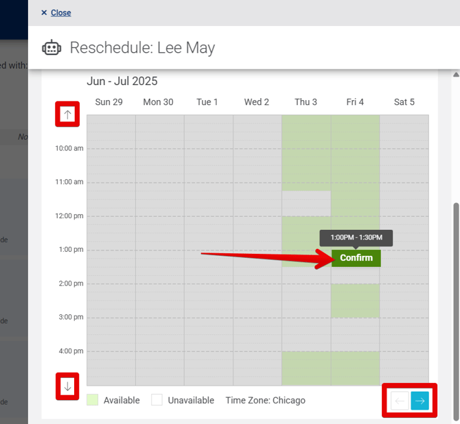 Reschedule drawer (Confirm visible) (highlights)