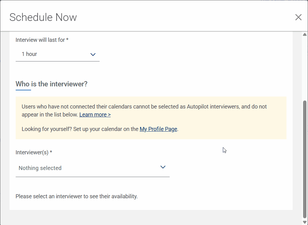 Schedule Now - Select Interviewer + Date + Time GIF