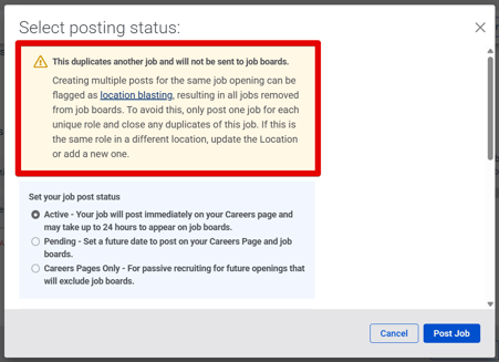 Select Posting Status pop-up (10.15.25) (Duplicate posting) (highlight)