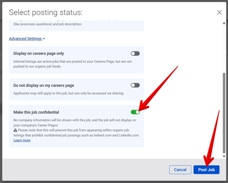 Select Posting Status pop-up (12.15.25) (Adv Settings) (Confidential toggle arrow)