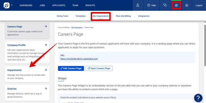 Settings - My Org (Departments highlights)