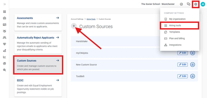 Settings, Hiring Tools (Nav Bar Minimized) Pointed to Plus