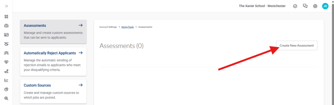 Settings, Hiring Tools, Assessments (Nav bar minimized) (No navigation) (7.21.26) Pointed to new