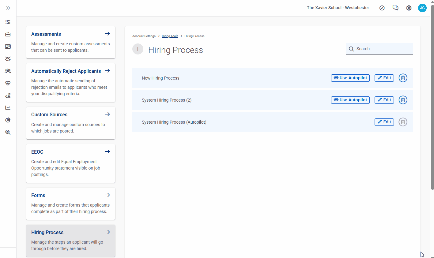 Settings, Hiring Tools, Edit Hiring Process, Add Assessment Gif