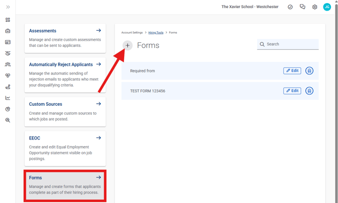 Settings, Hiring Tools, Forms (Nav bar minimized) Pointed to create new form