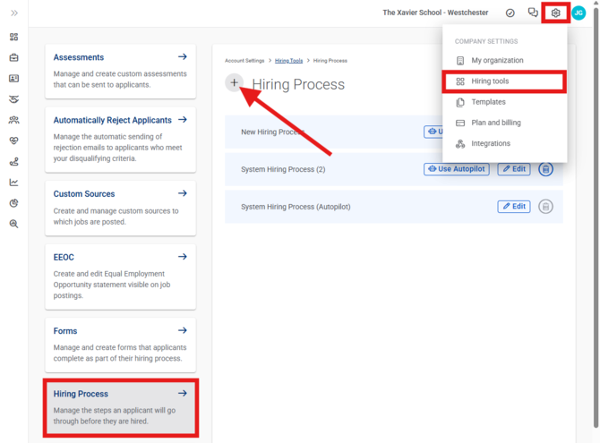 Settings, Hiring Tools, Hiring Process (Nav bar minimized) (6.23.26) Create new, with navigation steps