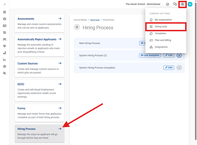 Settings, Hiring Tools, Hiring Process (Nav bar minimized) (6.23.26) Pointed to Hiring Process