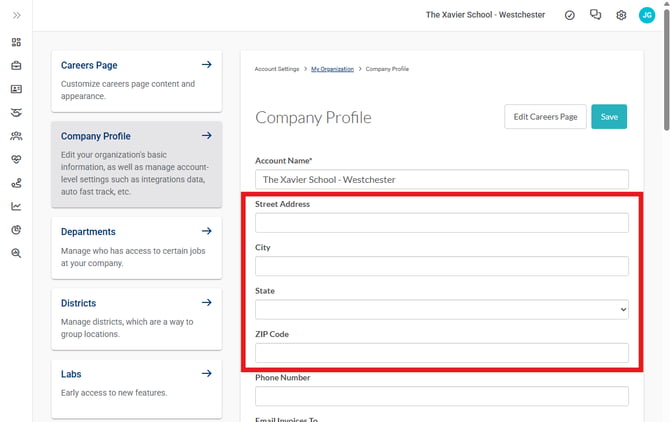 Settings, My Organization, Company Profile (Large) (Nav bar minimized) Company location information highlighted