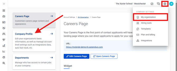 Settings, My Organization, Settings Expanded (Nav bar minimized) Pointed to company profile