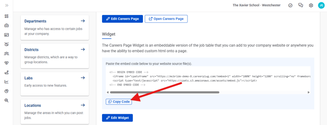 Settings, My Organization, Widget (Nav Bar Minimized) Pointing to Copy Code