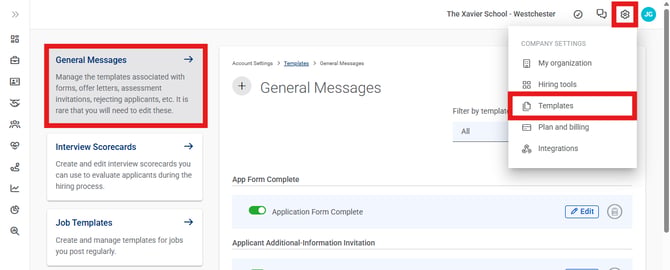 Settings, Template, General Messages (Nav bar minimized)