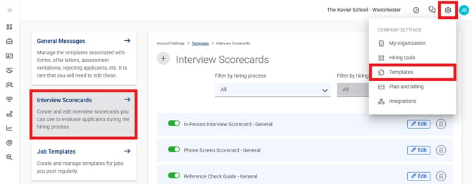 Settings, Template, Interview Scorecards (Nav Bar Minimized) Settings Expanded