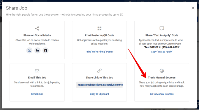 Share Job Modal (Manual Sources arrow)