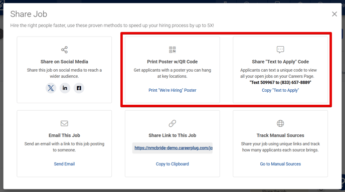 Share Job Modal (TTA & QRC highlight)