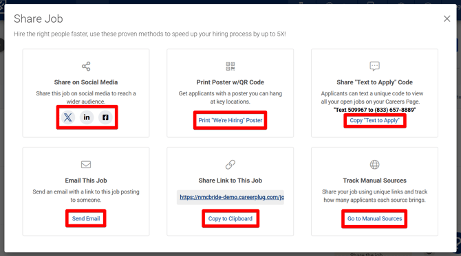 Share Job Modal (all links highlighted)