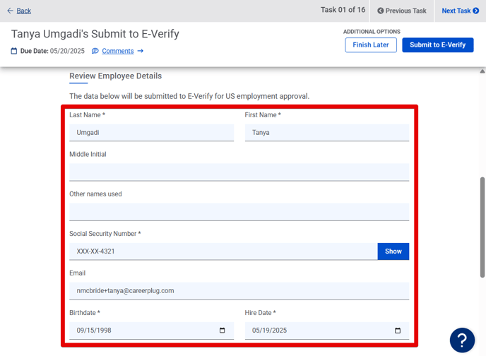 Submit to E-Verify task (mid - emp details) (fields filled) (highlight)